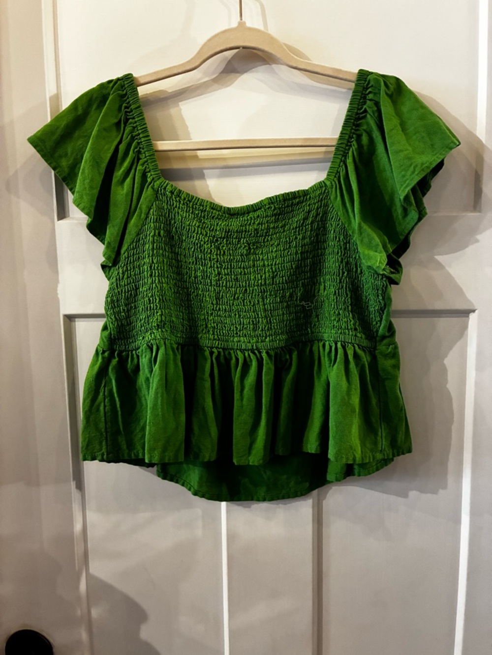 Bright Green Ruffle Sleeve Peplum Crop Top - Picture 3 of 3